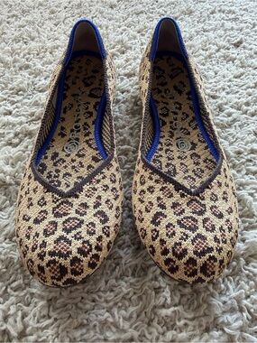 Rothy's Leopard Knit Ballet Flats in Tan and Brown with Blue Trim